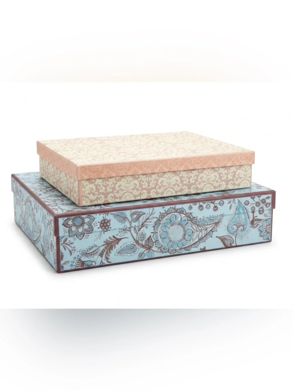 Decorative Patterned Storage Boxes in Blue Paisley & Tan Damask